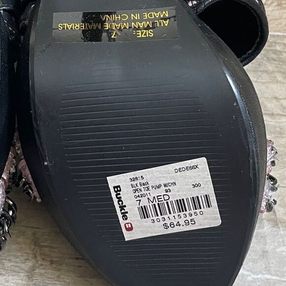 BKE Lace Open Toe Stiletto Sandals Size 7 Buckle Edgy Black Bikercore High Heels - Picture 6 of 12